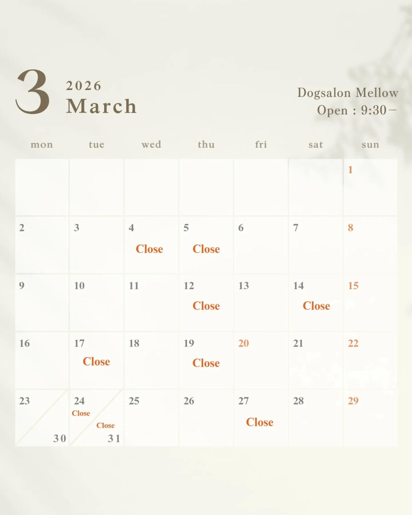 *＼3月店休日のお知らせ／*